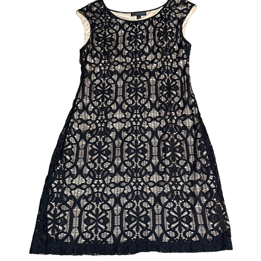 Connected Apparel Womens Black Lace Overlay Nude Lining Sheath Dress Size 14